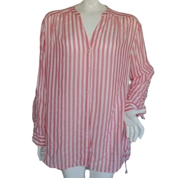 new A.N.A. Top, L, Tigerlilly, Coral/White, stripes, Lace up sides, Buttons, LS - Picture 2 of 11